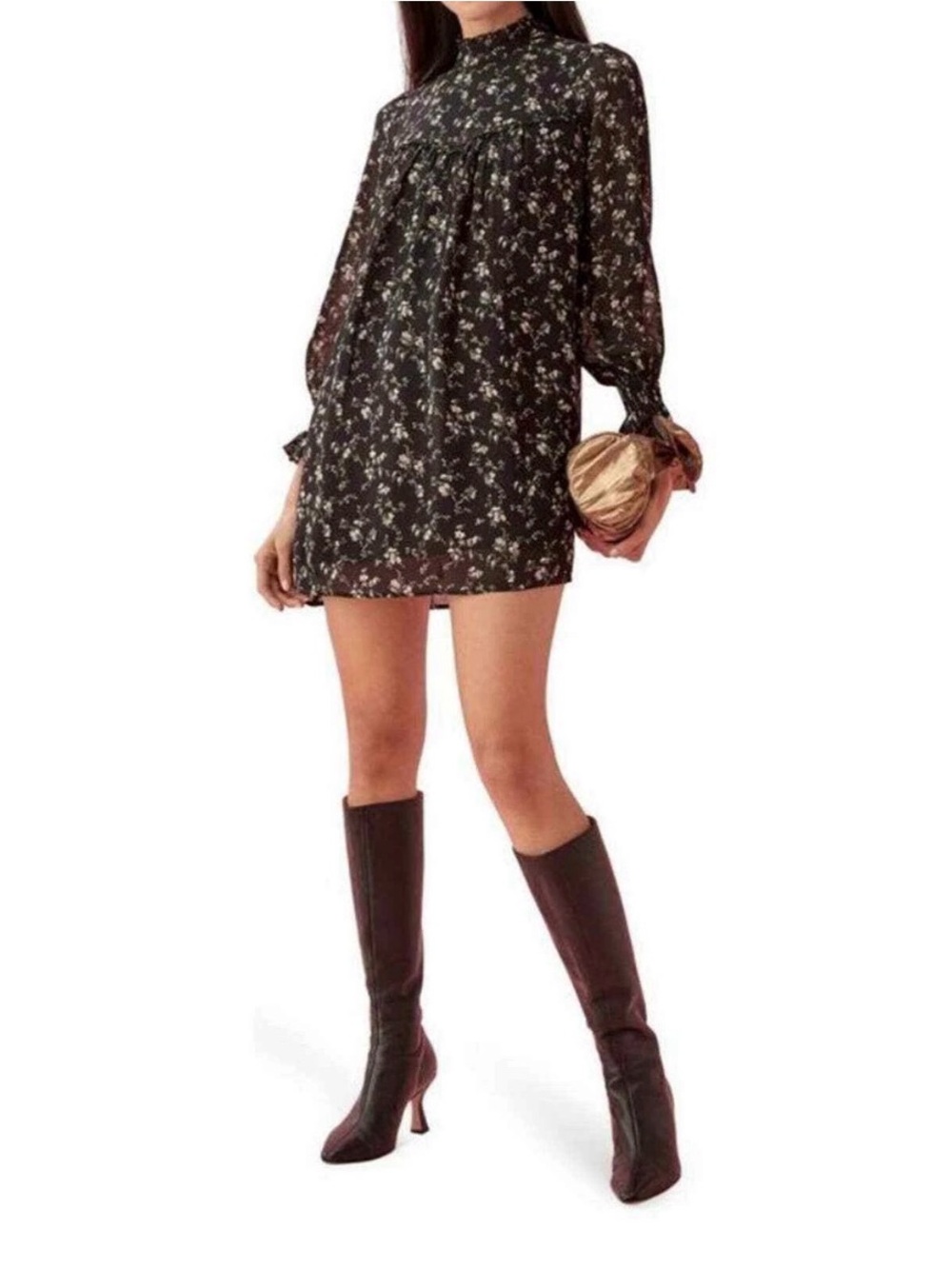 Reformation Jourdan Dress Babydoll Black Mini Floral Ling Sleeves Ruffle Size XS